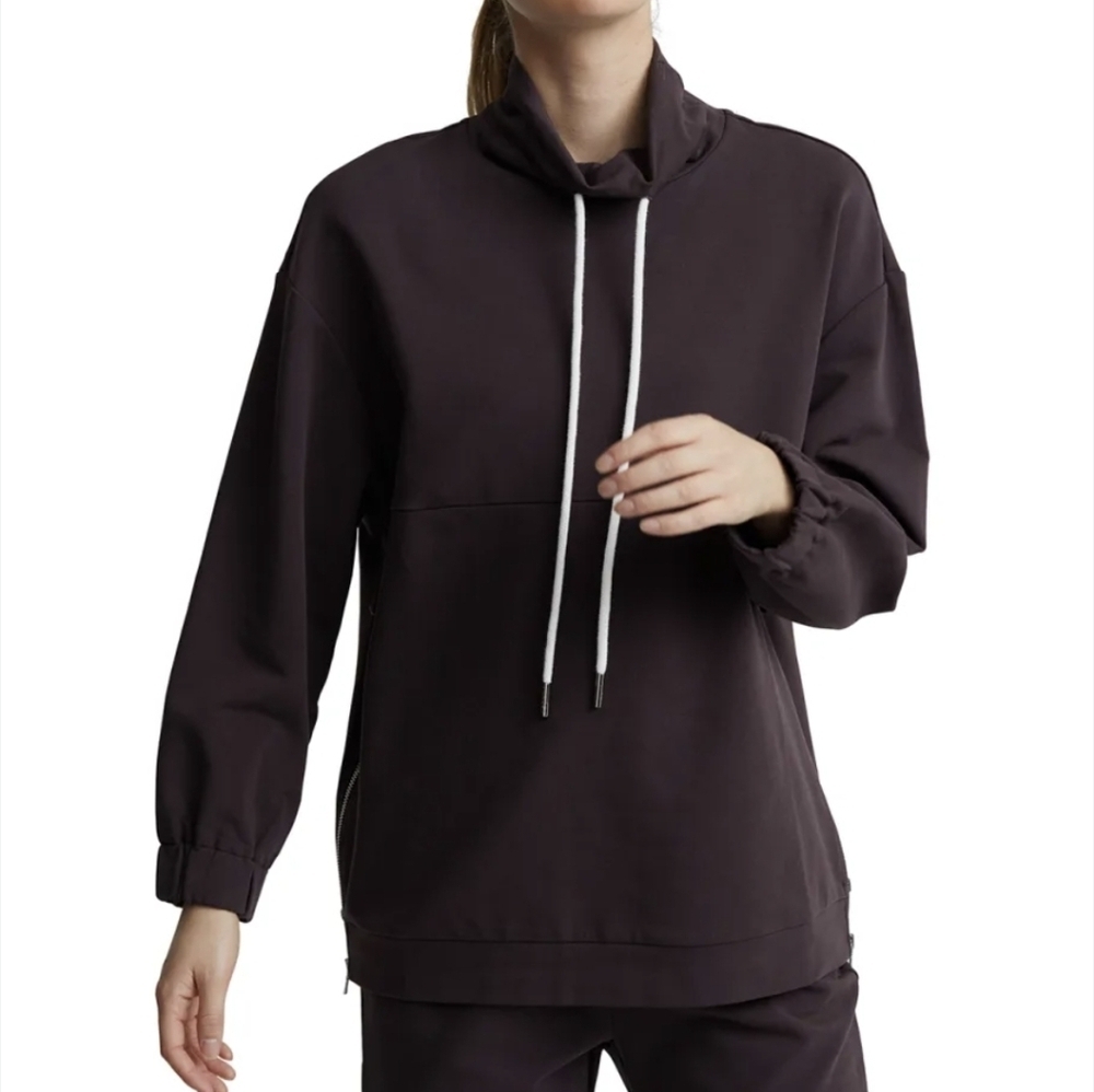 Varley Warwick Chocolate Plum Funnel Neck Side Zip Drawstring Oversized Small